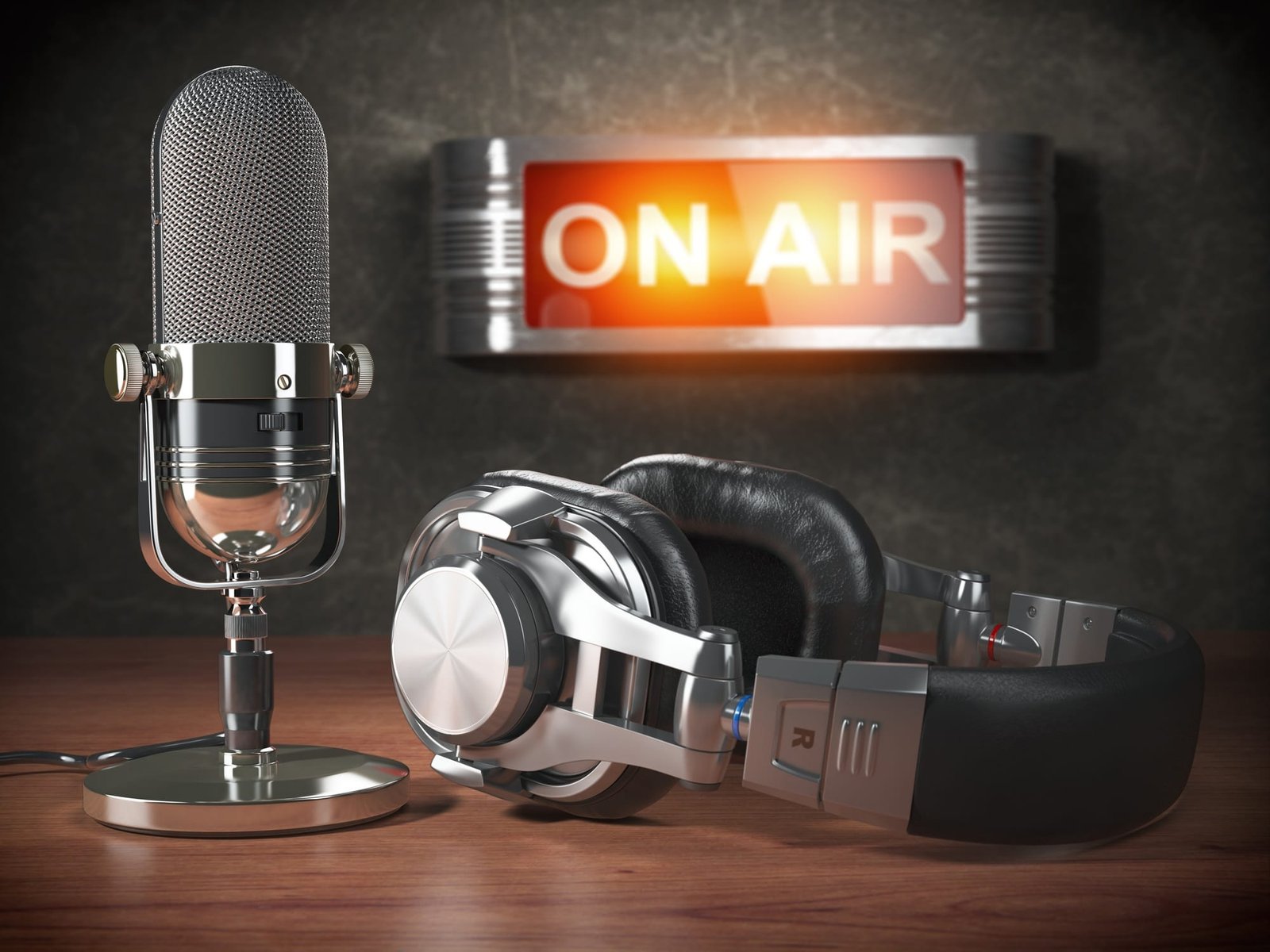Vintage microphone and headphones with signboard on air. Broadc